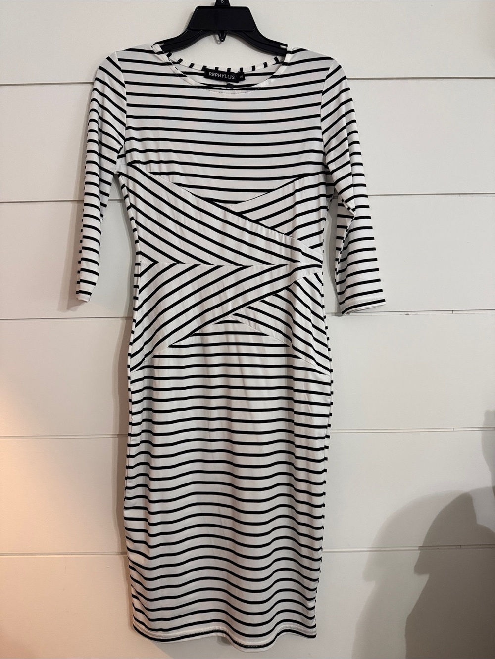 Striped Black & White Long-Sleeve Sheath Dress by Rephyllis
